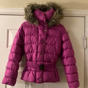 Poivre Blanc Belted Graphic Hooded Fur Trimmed Ski Jacket in pink Sz 12